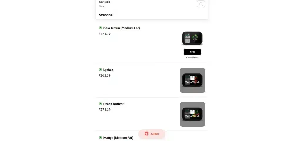 Natural Ice Cream Online Menu