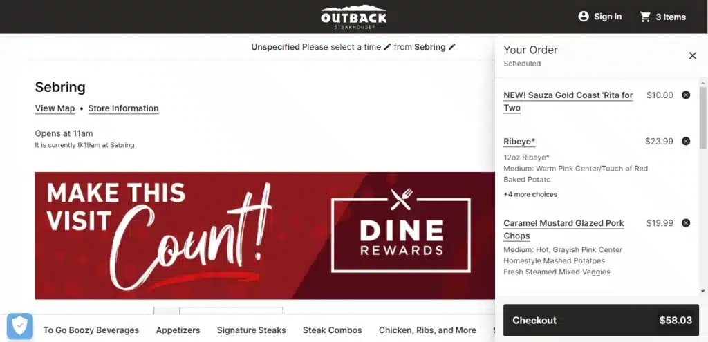 Outback Steakhouse Drinks Menu Checkout