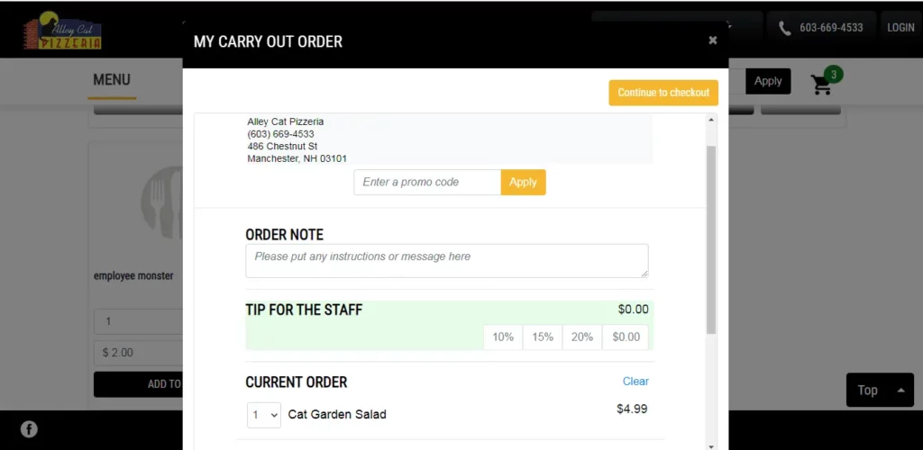 Alley Cat Pizzeria Checkout