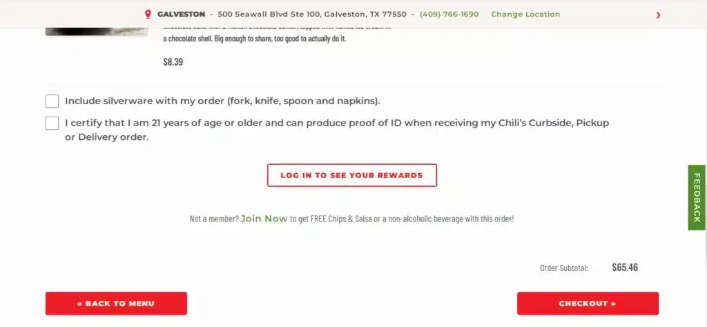 Chili's Drinks Menu Checkout