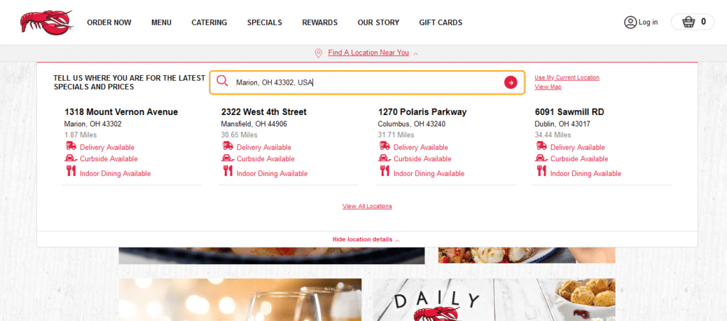 Red Lobster Location page