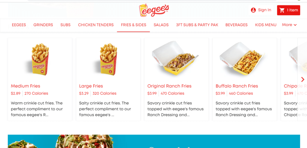 Eegee's menu