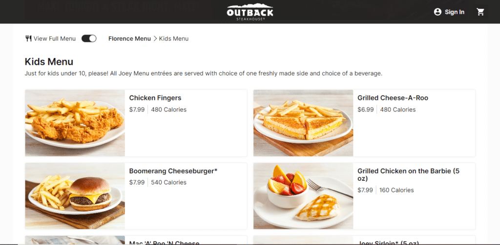 Outback Steakhouse Kids Menu
