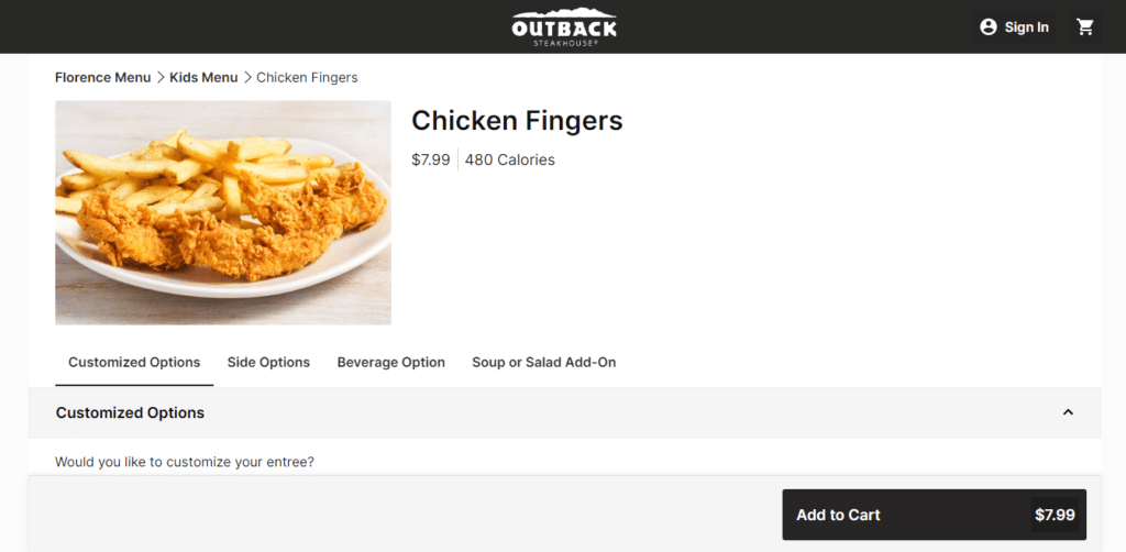 Outback Steakhouse Kids Menu Add To Cart