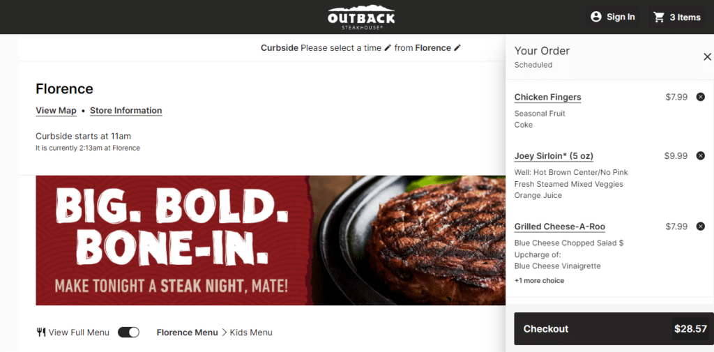 Outback Steakhouse Kids Menu Checkout