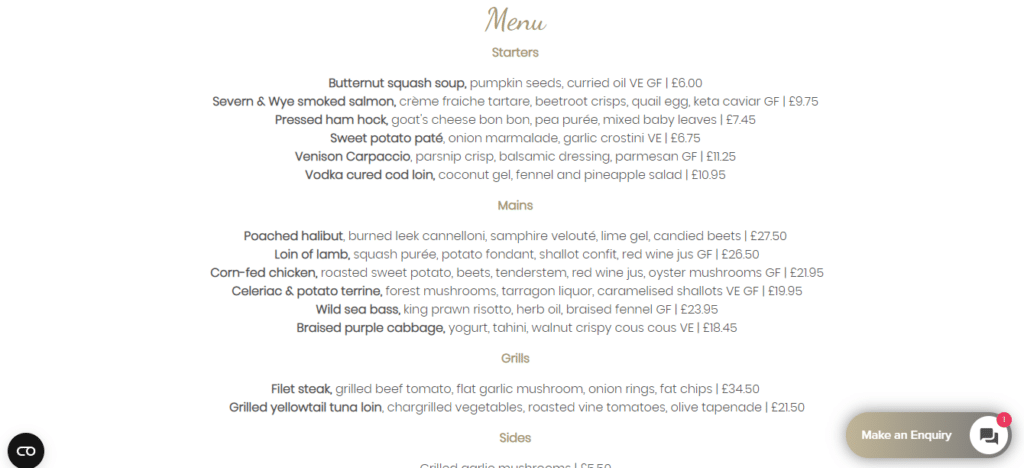 Oak Room Restaurant Menu