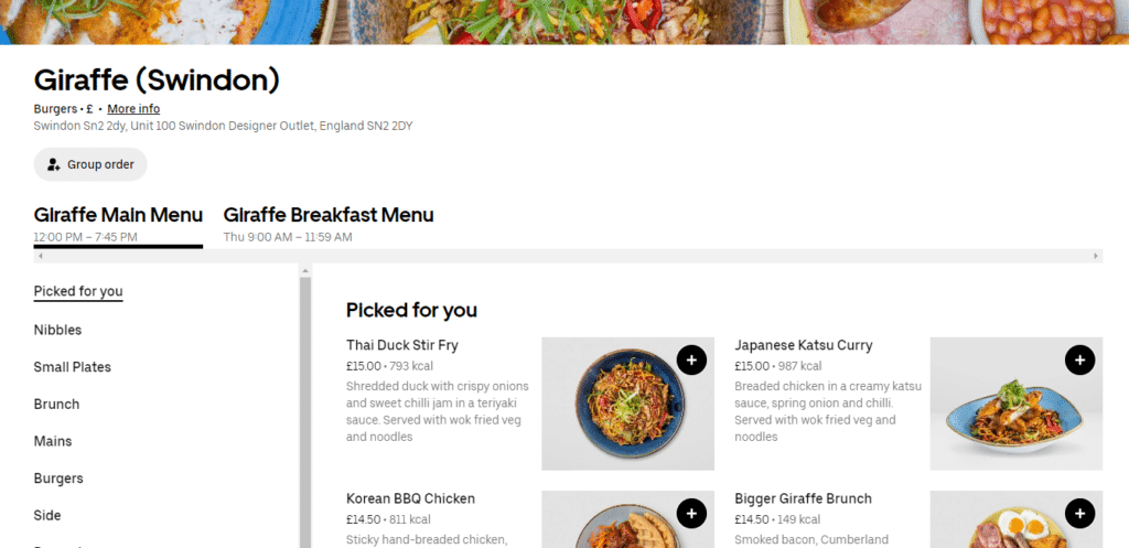 Giraffe Menu