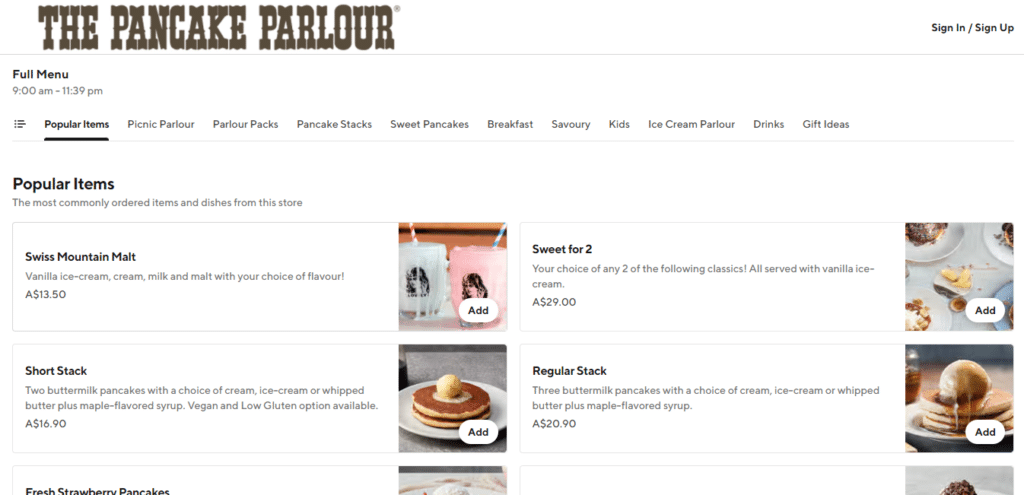 The Pancake Parlour Menu