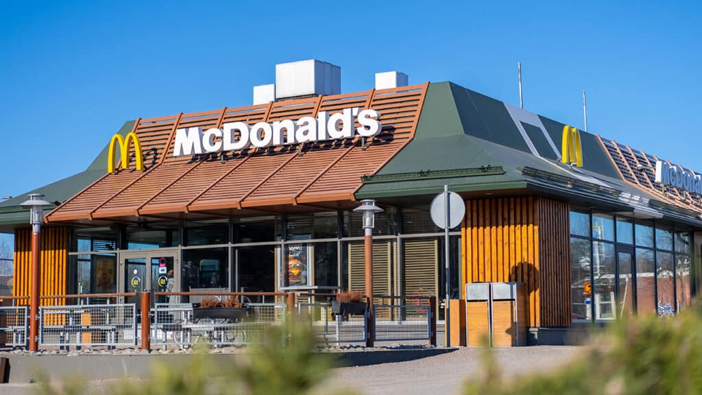McDonalds restaurant exterior. View of the fast food restaurant on sunny day. FInland, Vantaa, 28feb2020